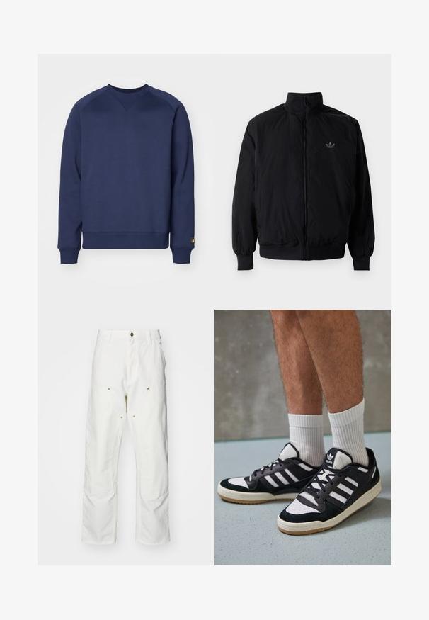 Musta vetoketjullinen takki, jossa on korkea kaulus, valmistettu kevyestä materiaalista. Varustettu joustavilla hihoilla ja vyötäröllä, ja ylävasemmalla on pieni logo.; Navy sininen huppari, joka on valmistettu pehmeästä kankaasta. Siinä on pyöreä kaula-aukko, resorit hihansuissa ja helmassa, sekä pieni logo yksityiskohtana hihaosassa.; Valkoiset puuvillaiset cargo-housut, joissa on rento istuvuus. Ominaisuuksiin kuuluvat etutaskut, kultaiset yksityiskohdat ja vahvistetut polviosat.; Valkoiset ja mustat tennarit, joissa on mokkanahka- ja nahkapäällinen, kolme valkoista raitaa, rei'itetty kärki ja kumipohja.