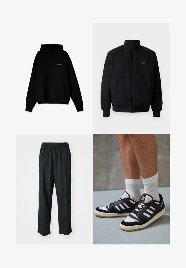 Giacca nera con zip e colletto alto, realizzata in materiale leggero. Presenta polsini e vita elastici, con un piccolo logo in alto a sinistra.; Felpa nera con cappuccio, dotata di tasca frontale e piccolo logo bianco "PEGADOR" sul petto, esposta su sfondo bianco.; Pantaloni sportivi neri con vita elastica, realizzati in tessuto liscio, con cuciture laterali sottili e un fit rilassato, design a gamba dritta.; Sneaker bianco e nero con tomaia in suede e pelle, caratterizzati da tre strisce bianche, punta perforata e suola in gomma naturale.