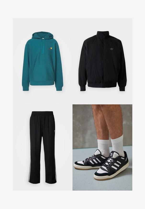 Black zipped jacket with high collar, made of lightweight material. Features elastic cuffs and waistband, with a small logo on the upper left.; Teal hoodie with a front pocket, drawstring hood, and embroidered logo in yellow and red. Made from soft, textured fabric.; Black athletic pants with an elastic waistband, featuring white side stripes and a small logo. Material appears soft and lightweight.; Black and white sneakers with a suede and leather upper, featuring three white stripes, a perforated toe, and a gum rubber sole.