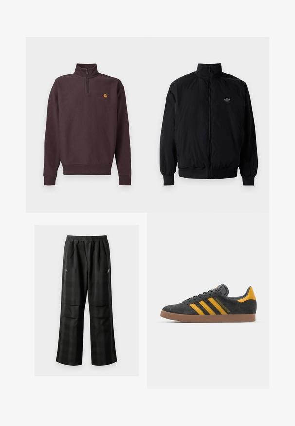 Čierna zips kombinéza s vysokým golierom, vyrobená z ľahkého materiálu. Obsahuje elastické manžety a pás, s malým logom na hornej ľavej strane.; Tmavohnedá mikina so zipsom na krku vyrobená z mäkkého materiálu s dlhými rukávmi. Na hrudi má malú žlto-červenú nášivku. Elastické manžety a lem.; Čierne kockované nohavice s elastickým pásom, dvoma prednými vreckami a voľným strihom so rovnými nohavicami. Vyrobené z ľahkého materiálu.; Čierne semišové tenisky so žltými akcentmi, ktoré majú tri pruhy a hnedú gumovú podrážku. Obsahujú vypolstrovaný jazyk pre pohodlie.