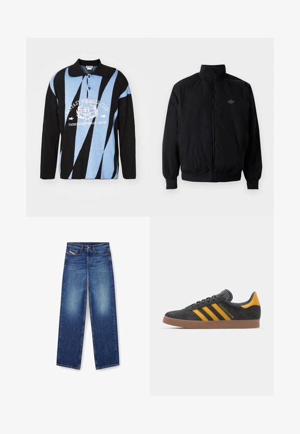 Black zipped jacket with high collar, made of lightweight material. Features elastic cuffs and waistband, with a small logo on the upper left.; Black, blue, and white knit polo with geometric patterns. Features a collar, button placket, and chest graphic text. Long sleeves.; Blue denim jeans with a straight leg design, featuring front pockets and a zip fly. Faded areas on the thighs enhance the texture.; Black suede sneaker with yellow accents, featuring three stripes and a brown rubber sole. Includes a padded tongue for comfort.