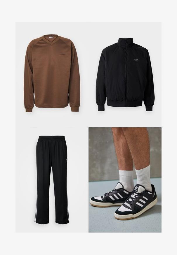 Black zipped jacket with high collar, made of lightweight material. Features elastic cuffs and waistband, with a small logo on the upper left.; Brown sweatshirt with a v-neck design, long raglan sleeves, and ribbed cuffs. Features a subtle embroidered logo at the chest. Smooth texture.; Black athletic pants with an elastic waistband, featuring white side stripes and a small logo. Material appears soft and lightweight.; Black and white sneakers with a suede and leather upper, featuring three white stripes, a perforated toe, and a gum rubber sole.