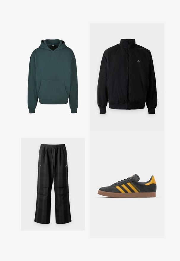 Crna jakna na zip s visokim ovratnikom, izrađena od laganog materijala. Ima elastične manžete i pojas, s malim logotipom na gornjem lijevom dijelu.; Zelena majica s kapuljačom izrađena od mekog materijala, s kenguruh dzepom, opuštenom kroju, rebrastim manžetama i rubom, te dvostruko podstavljenom kapuljačom.; Crne karirane hlače s elastičnom urezom, dva prednja džepa i ležernim krojem s ravnim nogavicama. Izrađene su od laganog materijala.; Crne nubuk tenisice s žutim detaljima, sa tri pruge i smešnim gumenim potplatom. Imaju jastučić na jeziku za udobnost.
