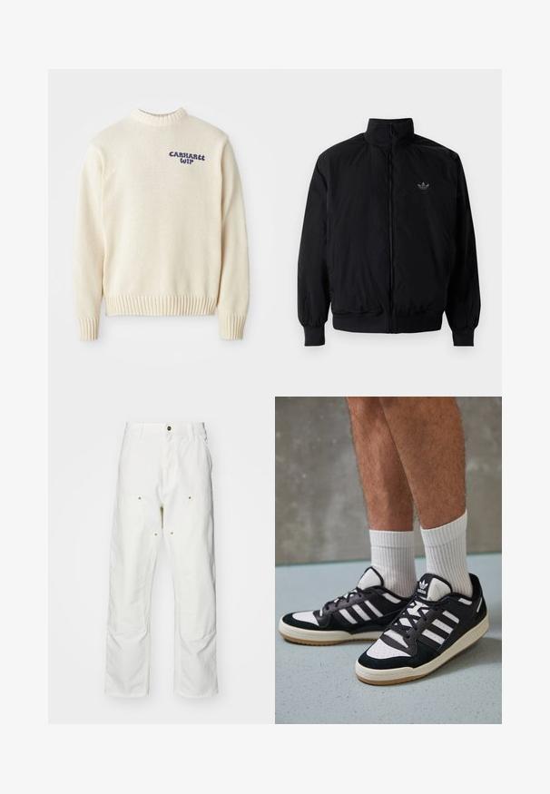 Black zipped jacket with high collar, made of lightweight material. Features elastic cuffs and waistband, with a small logo on the upper left.; Cream knitted sweater with a round neck, ribbed cuffs and hem, featuring blue "Carhartt WIP" logo on the front. Textured fabric.; White cotton cargo pants with a relaxed fit. Features include front pockets, gold hardware accents, and reinforced knee sections.; Black and white sneakers with a suede and leather upper, featuring three white stripes, a perforated toe, and a gum rubber sole.