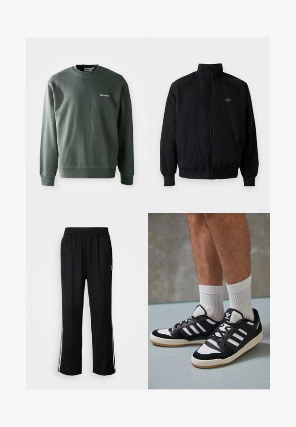 Sort lynlåsjakke med høj krave, fremstillet af letvægtsmateriale. Har elastiske manchetter og talje, med et lille logo på øverste venstre side.; Mørkegrønt sweatshirt lavet af bomuldsblanding, med rund halsudskæring, ribbede manchetter og et lille hvidt logo på venstre bryst.; Sorte træningsbukser med elastisk talje, der har hvide sidestænger og et lille logo. Materialet ser blødt og let ud.; Sorte og hvide sneakers med en overdel i ruskind og læder, der har tre hvide striber, en perforeret tå og en sål i gummigummi.