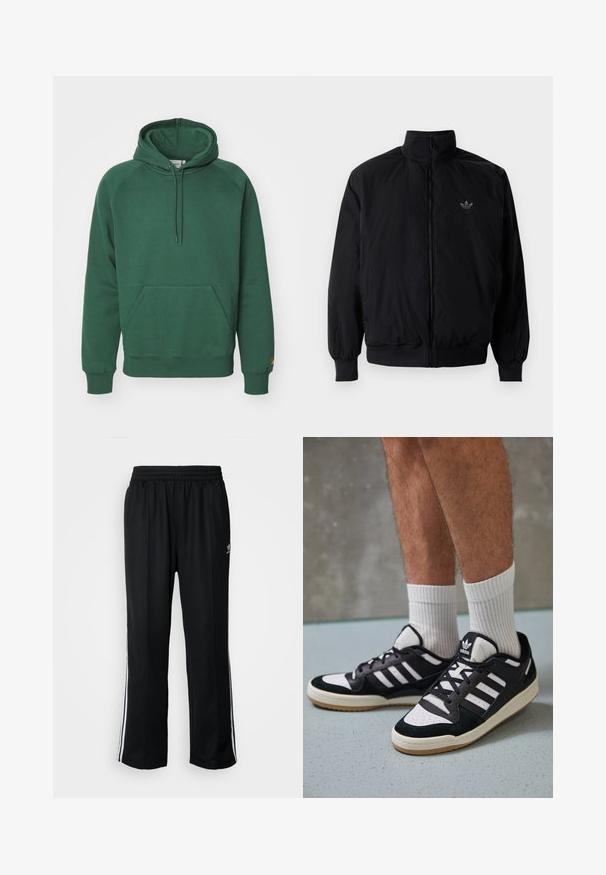 Veste noire à fermeture éclair avec col haut, fabriquée en matériau léger. Dotée de poignets et d'une taille élastiques, avec un petit logo en haut à gauche.; Carhartt WIP HOODED CHASE - Sweat à capuche - sycamore tree/gold; Pantalons de sport noirs avec une taille élastique, ornés de rayures blanches sur les côtés et d'un petit logo. Le matériau semble doux et léger.; Baskets noir et blanc avec une tige en suède et cuir, comportant trois rayures blanches, un bout perforé et une semelle en caoutchouc gum.