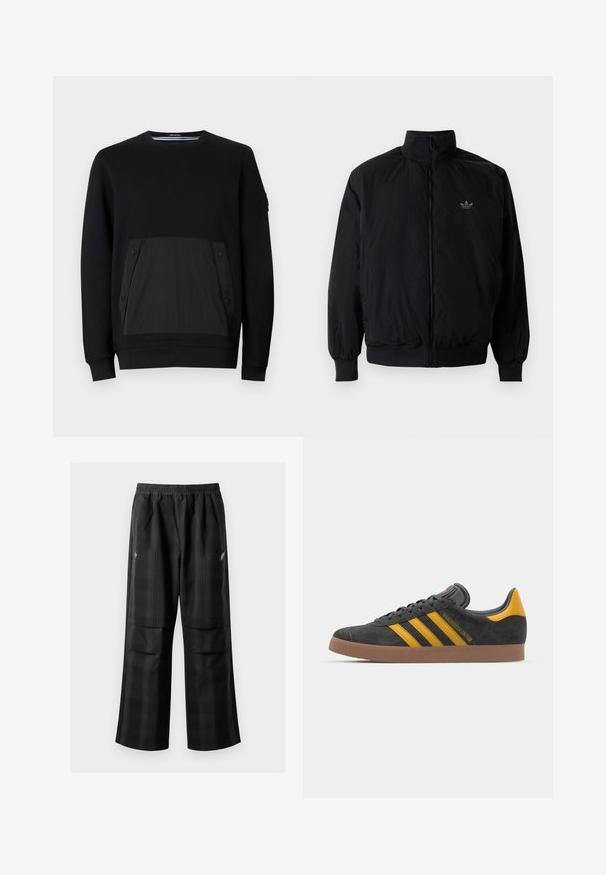 Crna jakna na zip s visokim ovratnikom, izrađena od laganog materijala. Ima elastične manžete i pojas, s malim logotipom na gornjem lijevom dijelu.; Crni dukserica s teksturiranim crnim džepom s kopčama na dugmad, okruglim izrezom i dugim rukavima. Glatka tkanina s suptilnim sjajem.; Crne karirane hlače s elastičnom urezom, dva prednja džepa i ležernim krojem s ravnim nogavicama. Izrađene su od laganog materijala.; Crne nubuk tenisice s žutim detaljima, sa tri pruge i smešnim gumenim potplatom. Imaju jastučić na jeziku za udobnost.
