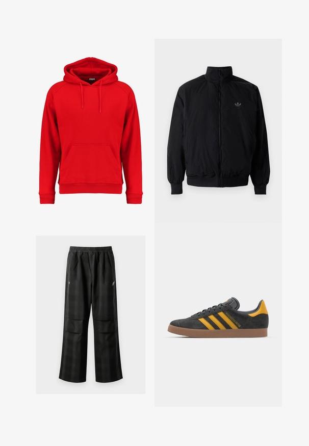 Schwarze Jacke mit Reißverschluss und hohem Kragen, aus leichtem Material gefertigt. Verfügt über elastische Bündchen und einen elastischen Saum, mit einem kleinen Logo oben links.; Roter Hoodie aus weichem Material, ausgestattet mit einer Fronttasche, einer Kordelzugkapuze und gerippten Bündchen sowie Saum. Einfaches Design ohne sichtbare Logos.; Schwarze karierte Hosen mit elastischem Bund, zwei Fronttaschen und lockerer Passform im geraden Beinschnitt. Hergestellt aus leichtem Material.; Schwarze Wildledersneaker mit gelben Akzenten, ausgestattet mit drei Streifen und einer braunen Gummisohle. Enthält eine gepolsterte Zunge für zusätzlichen Komfort.