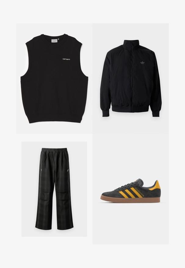 Čierna zips kombinéza s vysokým golierom, vyrobená z ľahkého materiálu. Obsahuje elastické manžety a pás, s malým logom na hornej ľavej strane.; Čierny bezrukávový sveter z bavlny, s rebrovaným vykrojením okolo krku a priehlavkov, s bielym logom vyšitým na prednej strane.; Čierne kockované nohavice s elastickým pásom, dvoma prednými vreckami a voľným strihom so rovnými nohavicami. Vyrobené z ľahkého materiálu.; Čierne semišové tenisky so žltými akcentmi, ktoré majú tri pruhy a hnedú gumovú podrážku. Obsahujú vypolstrovaný jazyk pre pohodlie.
