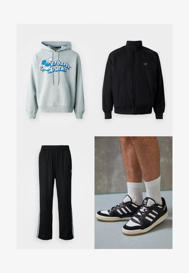 Zwarte geluiting jack met hoge kraag, gemaakt van lichtgewicht materiaal. Voorzien van elastische manchetten en tailleband, met een klein logo op de linkerbovenkant.; Grijze katoenen hoodie met een trekkoordcapuchon, een zak aan de voorkant en een blauwe graphic met cartoonachtige tekst en personage. Zachte textuur.; Zwarte sportbroeken met een elastische tailleband, voorzien van witte zijkanten en een klein logo. Het materiaal lijkt zacht en lichtgewicht te zijn.; Zwart-witte sneakers met een bovenwerk van suede en leer, voorzien van drie witte strepen, een geperforeerde neus en een rubberen gumzool.