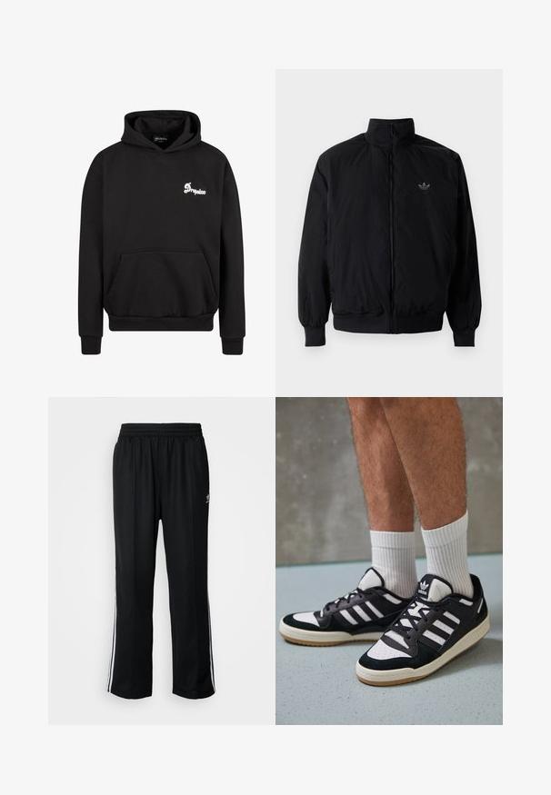 Giacca nera con zip e colletto alto, realizzata in materiale leggero. Presenta polsini e vita elastici, con un piccolo logo in alto a sinistra.; Felpa con cappuccio nera realizzata in pile. Presenta una tasca frontale a marsupio, polsini a coste e un logo bianco ricamato sul petto.; Pantaloni da allenamento neri con elastico in vita, dotati di bande laterali bianche e un piccolo logo. Il materiale sembra morbido e leggero.; Sneaker bianco e nero con tomaia in suede e pelle, caratterizzati da tre strisce bianche, punta perforata e suola in gomma naturale.