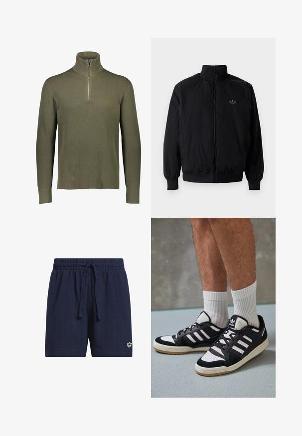 Black zipped jacket with high collar, made of lightweight material. Features elastic cuffs and waistband, with a small logo on the upper left.; Olive green ribbed knit pullover with a high collar and quarter-zip closure. Features long sleeves and a textured finish.; Navy blue athletic shorts with an elastic waistband and drawstring. Textured, breathable fabric with a small white logo on the lower hem.; Black and white sneakers with a suede and leather upper, featuring three white stripes, a perforated toe, and a gum rubber sole.