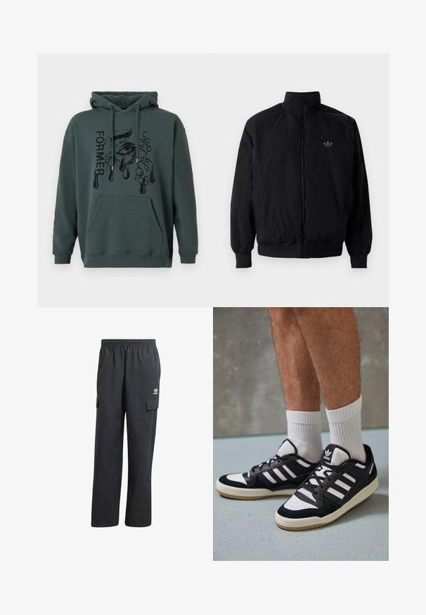 Czarna kurtka zapinana na zamek z wysokim kołnierzem, wykonana z lekkiego materiału. Posiada elastyczne mankiety i pas, oraz małe logo na górnej lewej stronie.; Ciemnozielona bluza z kapturem wykonana z miękkiego materiału, z kieszenią z przodu, sznurkiem w kapturze oraz graficznym tekstem z motywem oka i łezkami.; Czarne spodnie cargo z elastycznym paskiem w talii, dwoma bocznymi kieszeniami i subtelnym logo na lewym udzie. Wykonane z lekkiego materiału.; Czarno-białe sneakersy z zamszową i skórzaną cholewką, z trzema białymi paskami, perforowanym czubkiem i gumową podeszwą w kolorze gumy.