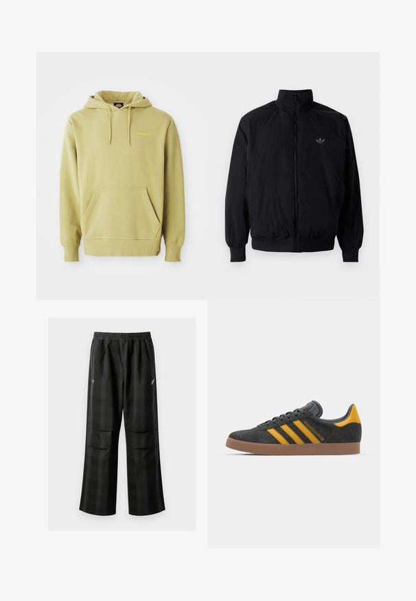 Giacca nera con zip e colletto alto, realizzata in materiale leggero. Presenta polsini e vita elastici, con un piccolo logo in alto a sinistra.; Felpa con cappuccio verde chiaro, dotata di tasca a marsupio, lacci, polsini a coste e piccolo logo "Dickies" giallo sul petto.; Pantaloni a quadri neri con vita elasticizzata, due tasche frontali e una vestibilità ampia con design a gamba dritta. Realizzati in materiale leggero.; Sneaker in suede nero con dettagli gialli, dotato di tre strisce e una suola in gomma marrone. Include una linguetta imbottita per il comfort.