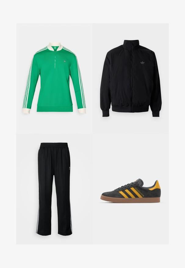 Černá zipová bunda s vysokým límcem, vyrobená z lehkého materiálu. Má elastické manžety a pas, s malým logem na horní levé straně.; Zelený svetřík s dlouhým rukávem a částečným zipem u límce, s bílými akcenty a třemi bílými pruhy na každém rukávu; obsahuje malé logo na hrudi.; Černé sportovní kalhoty s elastickým pasem, s bílými bočními pruhy a malým logem. Materiál vypadá měkce a lehce.; Černé semišové tenisky se žlutými akcenty, vybavené třemi pruhy a hnědou gumovou podrážkou. Obsahují polstrovaný jazyk pro pohodlí.