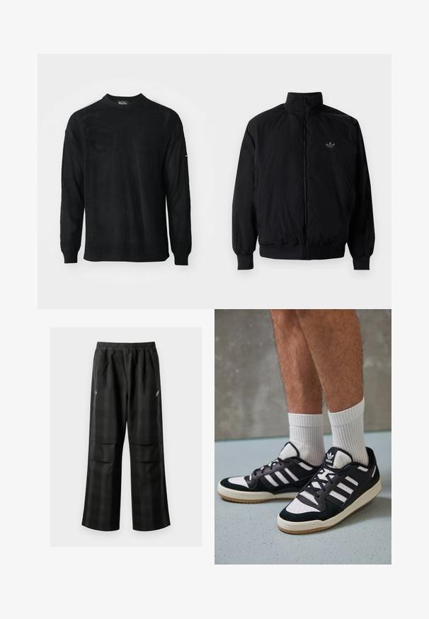 Veste noire à fermeture éclair avec col haut, fabriquée en matériau léger. Dotée de poignets et d'une taille élastiques, avec un petit logo en haut à gauche.; Pull en maille noire avec encolure ronde, manches longues et poignets côtelés. Présente un motif texturé et une coupe décontractée.; Pantalons à carreaux noirs avec une taille élastique, deux poches avant et une coupe ample avec une conception à jambe droite. Fabriqués en matériau léger.; Baskets noir et blanc avec une tige en suède et cuir, comportant trois rayures blanches, un bout perforé et une semelle en caoutchouc gum.