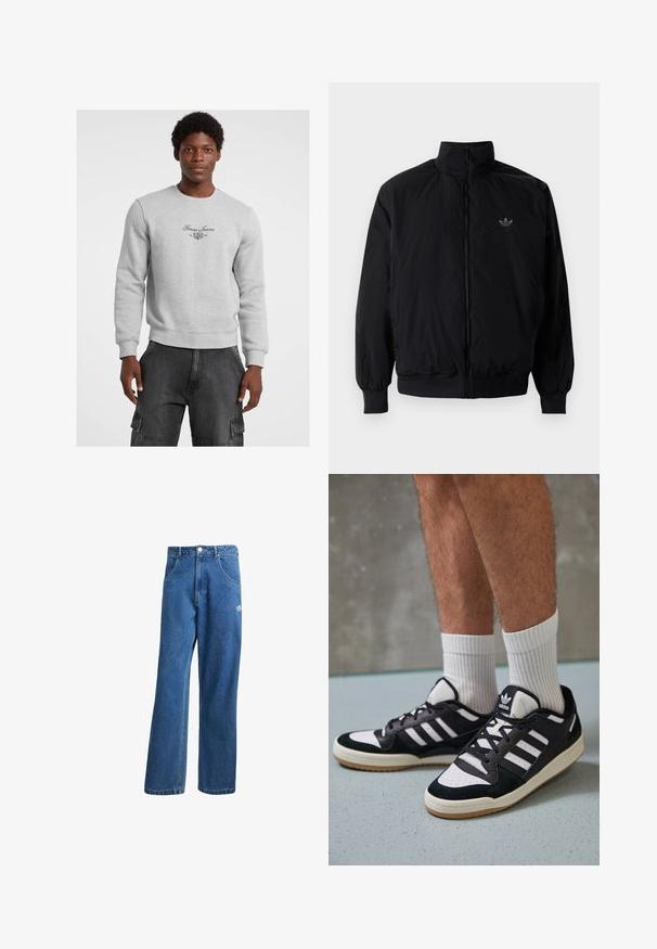 Czarna kurtka zapinana na zamek z wysokim kołnierzem, wykonana z lekkiego materiału. Posiada elastyczne mankiety i pas, oraz małe logo na górnej lewej stronie.; Szara bluza z okrągłym dekoltem, z dzianinowymi mankietami i dolnym wykończeniem. Z przodu znajduje się czarny logo i emblemat "Guess Jeans" na klatce piersiowej. Noszona z ciemnymi spodniami cargo.; Niebieskie dżinsy o wysokim stanie i szerokich nogawkach z przednimi kieszeniami, paskiem, zapięciem na guziki oraz małym logo Adidas na prawej udzie.; Czarno-białe sneakersy z zamszową i skórzaną cholewką, z trzema białymi paskami, perforowanym czubkiem i gumową podeszwą w kolorze gumy.