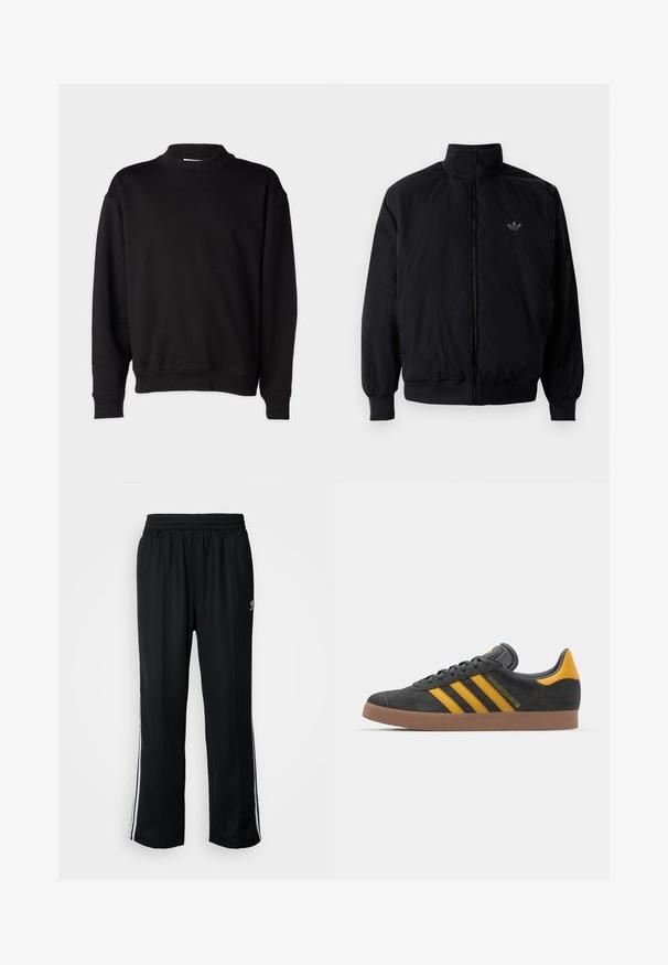 Black zipped jacket with high collar, made of lightweight material. Features elastic cuffs and waistband, with a small logo on the upper left.; Black sweatshirt with a high, ribbed collar, long sleeves, and a relaxed fit. Soft texture with ribbed cuffs and hem.; Black athletic pants with an elastic waistband, featuring white side stripes and a small logo. Material appears soft and lightweight.; Black suede sneaker with yellow accents, featuring three stripes and a brown rubber sole. Includes a padded tongue for comfort.