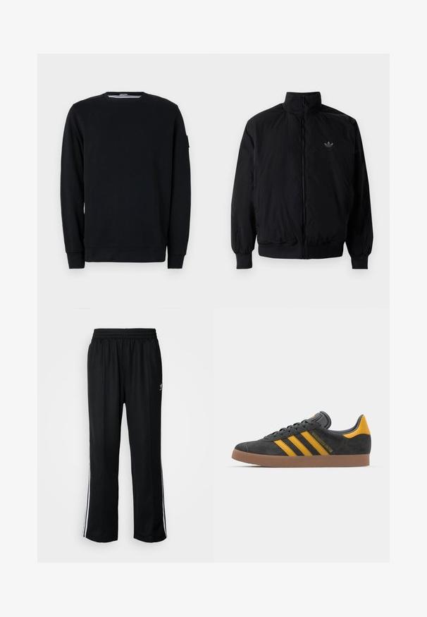Black zipped jacket with high collar, made of lightweight material. Features elastic cuffs and waistband, with a small logo on the upper left.; Black sweatshirt with a round neckline and long sleeves. Made from soft fabric with ribbed cuffs and hem, featuring minimalistic design details.; Black athletic pants with an elastic waistband, featuring white side stripes and a small logo. Material appears soft and lightweight.; Black suede sneaker with yellow accents, featuring three stripes and a brown rubber sole. Includes a padded tongue for comfort.