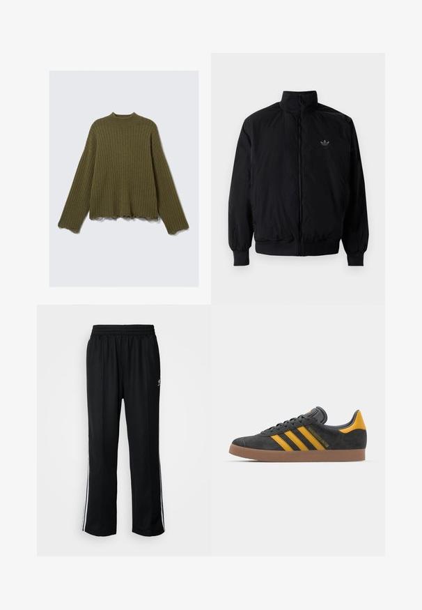 Black zipped jacket with high collar, made of lightweight material. Features elastic cuffs and waistband, with a small logo on the upper left.; Long-sleeve olive green ribbed knit sweater with raw, frayed edges on cuffs and hem, laid flat on a white background.; Black athletic pants with an elastic waistband, featuring white side stripes and a small logo. Material appears soft and lightweight.; Black suede sneaker with yellow accents, featuring three stripes and a brown rubber sole. Includes a padded tongue for comfort.