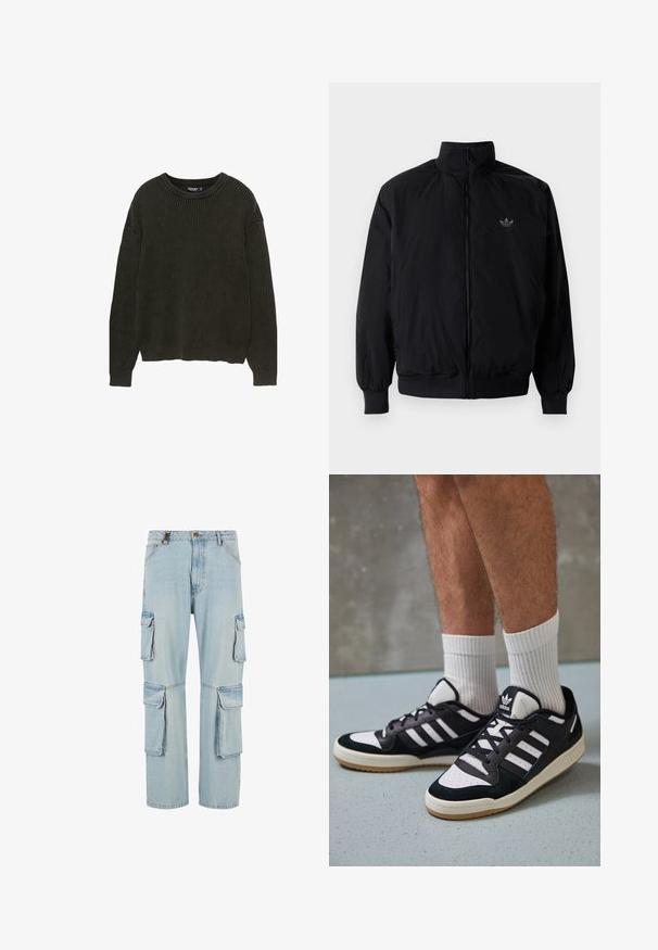 Zwarte geluiting jack met hoge kraag, gemaakt van lichtgewicht materiaal. Voorzien van elastische manchetten en tailleband, met een klein logo op de linkerbovenkant.; Donkergroen geribbelde trui met lange mouwen, ronde halslijn en een losse fit. Textuurstof met subtiele stretch. Geen zichtbare hardware of patronen.; Lichtblauwe denim cargo broek met meerdere zijzakken, rechte pijpdesign en een vervaagde afwerking. Voorzien van een sluiting met een knoop en rits aan de voorkant.; Zwart-witte sneakers met een bovenwerk van suede en leer, voorzien van drie witte strepen, een geperforeerde neus en een rubberen gumzool.