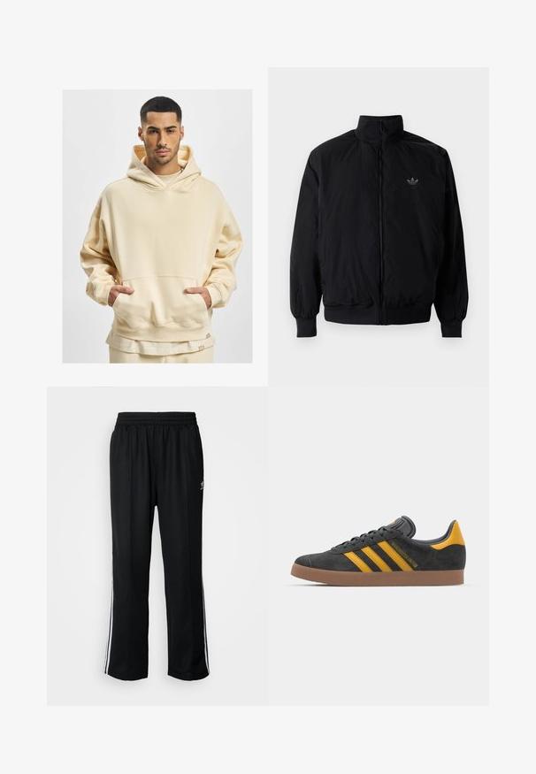 Giacca nera con zip e colletto alto, realizzata in materiale leggero. Presenta polsini e vita elastici, con un piccolo logo in alto a sinistra.; Felpa oversize beige realizzata in morbido tessuto, con una grande tasca frontale e cappuccio con cordino. L'orlo inferiore include un'etichetta del marchio.; Pantaloni da allenamento neri con elastico in vita, dotati di bande laterali bianche e un piccolo logo. Il materiale sembra morbido e leggero.; Sneaker in suede nero con dettagli gialli, dotato di tre strisce e una suola in gomma marrone. Include una linguetta imbottita per il comfort.