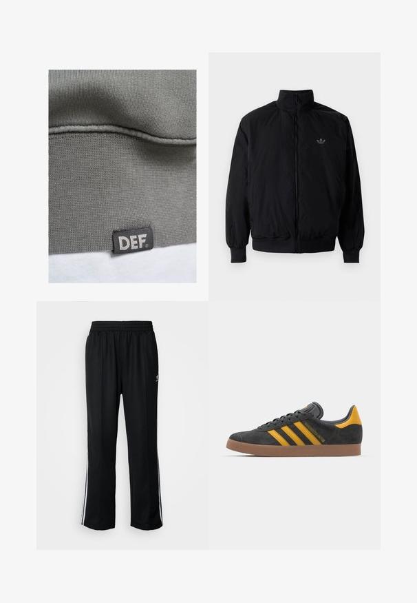 Schwarze Jacke mit Reißverschluss und hohem Kragen, aus leichtem Material gefertigt. Verfügt über elastische Bündchen und einen elastischen Saum, mit einem kleinen Logo oben links.; Grauer Sweatshirtstoff mit gerippter Textur. An der unteren Naht befindet sich ein schwarzes Etikett mit weißem Text "DEF". Glatte Oberfläche und schlichtes Design.; Schwarze Sporthosen mit elastischem Bund, ausgestattet mit weißen Seitenstreifen und einem kleinen Logo. Das Material wirkt weich und leicht.; Schwarze Wildledersneaker mit gelben Akzenten, ausgestattet mit drei Streifen und einer braunen Gummisohle. Enthält eine gepolsterte Zunge für zusätzlichen Komfort.