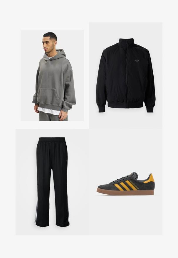 Schwarze Jacke mit Reißverschluss und hohem Kragen, aus leichtem Material gefertigt. Verfügt über elastische Bündchen und einen elastischen Saum, mit einem kleinen Logo oben links.; DEF HERREN - Kapuzenpullover - anthracite washed; Schwarze Sporthosen mit elastischem Bund, ausgestattet mit weißen Seitenstreifen und einem kleinen Logo. Das Material wirkt weich und leicht.; Schwarze Wildledersneaker mit gelben Akzenten, ausgestattet mit drei Streifen und einer braunen Gummisohle. Enthält eine gepolsterte Zunge für zusätzlichen Komfort.