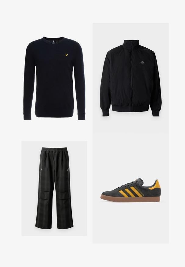 Giacca nera con zip e colletto alto, realizzata in materiale leggero. Presenta polsini e vita elastici, con un piccolo logo in alto a sinistra.; Lyle & Scott V NECK - Maglione - dark navy; Pantaloni a quadri neri con vita elasticizzata, due tasche frontali e una vestibilità ampia con design a gamba dritta. Realizzati in materiale leggero.; Sneaker in suede nero con dettagli gialli, dotato di tre strisce e una suola in gomma marrone. Include una linguetta imbottita per il comfort.
