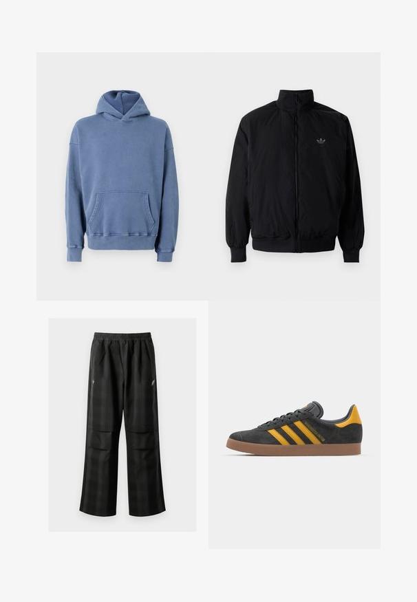 Veste noire à fermeture éclair avec col haut, fabriquée en matériau léger. Dotée de poignets et d'une taille élastiques, avec un petit logo en haut à gauche.; Sweat à capuche bleu avec une poche kangourou, des poignets et un ourlet côtelés. Fabriqué en matériau doux, il présente une coupe décontractée et oversize.; Pantalons à carreaux noirs avec une taille élastique, deux poches avant et une coupe ample avec une conception à jambe droite. Fabriqués en matériau léger.; Baskets en suede noir avec des accents jaunes, présentant trois rayures et une semelle en caoutchouc marron. Comprend une languette rembourrée pour le confort.