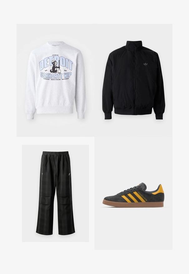 Svart zipjacka med hög krage, tillverkad av lätt material. Har elastiska cuffar och midja, med en liten logo på övre vänster.; Grå sweatshirt med ribbade muddar och nederkant, med en grafisk tryck av en björn i bygghjälm, och texten "Detroit Carhartt WIP" i blått.; Svarta rutiga byxor med elastisk midja, två framfickor och en lös passform med rak bendesign. Tillverkade av lätt material.; Svart mockaskor med gula accenter, med tre ränder och en brun gummisula. Inkluderar en vadderad tunga för extra komfort.