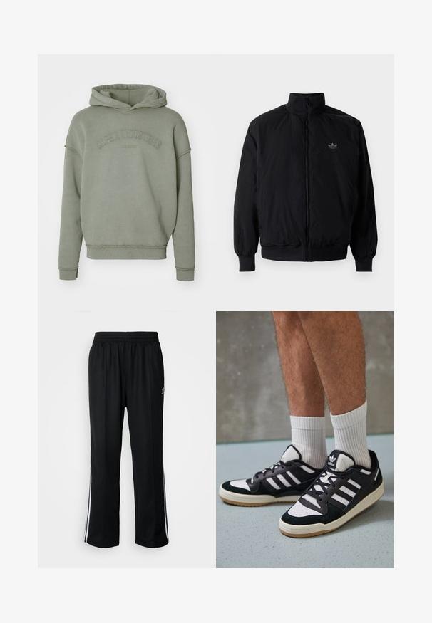 Giacca nera con zip e colletto alto, realizzata in materiale leggero. Presenta polsini e vita elastici, con un piccolo logo in alto a sinistra.; Felpa verde oliva con una vestibilità rilassata, caratterizzata da un orlo a coste, maniche con polsini e logo "Alpha Industries" in rilievo sul petto.; Pantaloni da allenamento neri con elastico in vita, dotati di bande laterali bianche e un piccolo logo. Il materiale sembra morbido e leggero.; Sneaker bianco e nero con tomaia in suede e pelle, caratterizzati da tre strisce bianche, punta perforata e suola in gomma naturale.