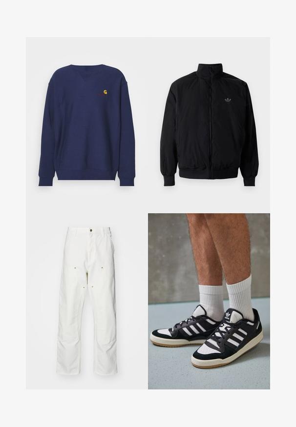Musta vetoketjullinen takki, jossa on korkea kaulus, valmistettu kevyestä materiaalista. Varustettu joustavilla hihoilla ja vyötäröllä, ja ylävasemmalla on pieni logo.; Carhartt WIP AMERICAN SCRIPT - Collegepaita - air force blue; Valkoiset puuvillaiset cargo-housut, joissa on rento istuvuus. Ominaisuuksiin kuuluvat etutaskut, kultaiset yksityiskohdat ja vahvistetut polviosat.; Valkoiset ja mustat tennarit, joissa on mokkanahka- ja nahkapäällinen, kolme valkoista raitaa, rei'itetty kärki ja kumipohja.