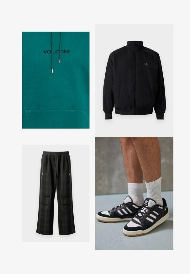 Schwarze Jacke mit Reißverschluss und hohem Kragen, aus leichtem Material gefertigt. Verfügt über elastische Bündchen und einen elastischen Saum, mit einem kleinen Logo oben links.; Türkise Kapuzenjacke mit einer Fronttasche und Kordeln. Verfügt über ein schwarzes "VOLCOM"-Logo über der Tasche und einen weichen, texturierten Stoff.; Schwarze karierte Hosen mit elastischem Bund, zwei Fronttaschen und lockerer Passform im geraden Beinschnitt. Hergestellt aus leichtem Material.; Schwarz-weiße Sneaker mit einem Obermaterial aus Wildleder und Leder, ausgestattet mit drei weißen Streifen, einer perforierten Zehenpartie und einer Sohle aus Gummi.