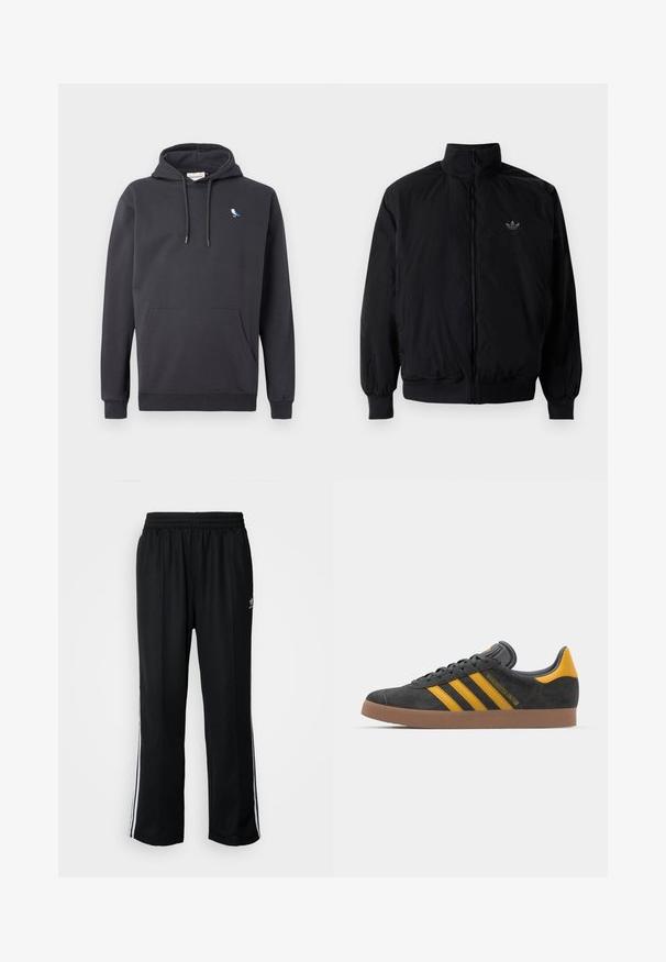 Black zipped jacket with high collar, made of lightweight material. Features elastic cuffs and waistband, with a small logo on the upper left.; Dark gray hooded sweatshirt with front pocket and small white and blue bird logo on the left chest.; Black athletic pants with an elastic waistband, featuring white side stripes and a small logo. Material appears soft and lightweight.; Black suede sneaker with yellow accents, featuring three stripes and a brown rubber sole. Includes a padded tongue for comfort.