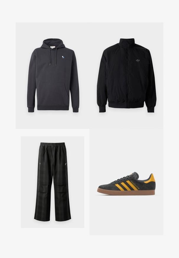 Black zipped jacket with high collar, made of lightweight material. Features elastic cuffs and waistband, with a small logo on the upper left.; Dark gray hooded sweatshirt with front pocket and small white and blue bird logo on the left chest.; Black plaid pants featuring an elastic waistband, two front pockets, and a loose fit with a straight leg design. Made from lightweight material.; Black suede sneaker with yellow accents, featuring three stripes and a brown rubber sole. Includes a padded tongue for comfort.