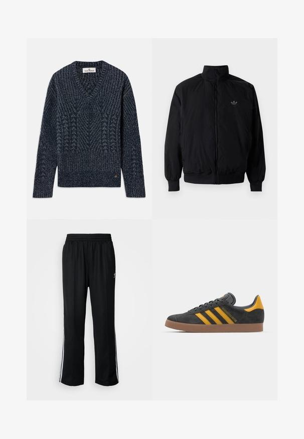 Černá zipová bunda s vysokým límcem, vyrobená z lehkého materiálu. Má elastické manžety a pas, s malým logem na horní levé straně.; Tmavě modrý a šedý melírovaný pletený svetr s výstřihem do V, dlouhými rukávy a malou logem nášivkou blízko lemu na jednobarevném pozadí.; Černé sportovní kalhoty s elastickým pasem, s bílými bočními pruhy a malým logem. Materiál vypadá měkce a lehce.; Černé semišové tenisky se žlutými akcenty, vybavené třemi pruhy a hnědou gumovou podrážkou. Obsahují polstrovaný jazyk pro pohodlí.