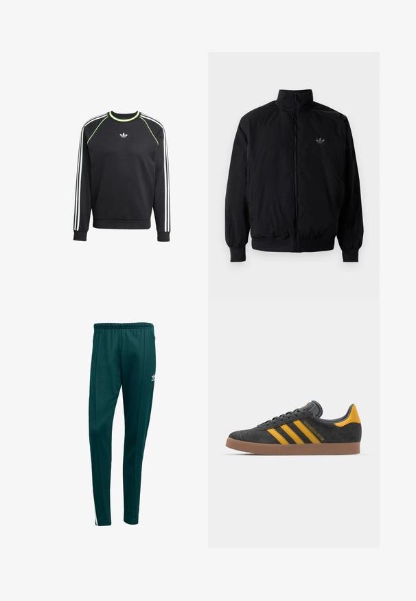 Zwarte geluiting jack met hoge kraag, gemaakt van lichtgewicht materiaal. Voorzien van elastische manchetten en tailleband, met een klein logo op de linkerbovenkant.; Zwarte sweatshirt met een witte drie-strepenontwerp op de mouwen en limoengroene accenten. Heeft een ronde halslijn en een klein logo op de borst.; Donkergroene sportbroek met een tapered fit, elastische tailleband, zijzakken met rits en witte zijstrepen. Gemaakt van zacht, ademend materiaal.; Zwarte suède sneakers met gele accenten, voorzien van drie strepen en een bruine rubberen zool. Inclusief een gevoerde tong voor comfort.