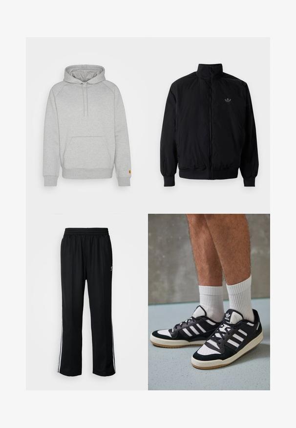 Crna jakna na zip s visokim ovratnikom, izrađena od laganog materijala. Ima elastične manžete i pojas, s malim logotipom na gornjem lijevom dijelu.; Sivi dukserica s kapuljačom, s džepom u obliku kengura, rebrastim rukavima i obrubom, sa oznakom na lijevom rukavu. Mekani materijal.; Crne sportske hlače s elastičnom trakom oko struka, s bijelim bočnim prugama i malim logotipom. Materijal izgleda mekan i lagan.; Crne i bijele tenisice s gornjim dijelom od antilopa i kože, s tri bijele pruge, perforiranim prstom i gumiranim potplatom.