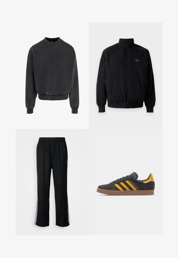 Černá zipová bunda s vysokým límcem, vyrobená z lehkého materiálu. Má elastické manžety a pas, s malým logem na horní levé straně.; Černá zkrácená mikina s kulatým výstřihem, žebrovanými manžetami a dolním lemem. Vyrobena z měkké tkaniny s mírně vybledlým vzhledem.; Černé sportovní kalhoty s elastickým pasem, s bílými bočními pruhy a malým logem. Materiál vypadá měkce a lehce.; Černé semišové tenisky se žlutými akcenty, vybavené třemi pruhy a hnědou gumovou podrážkou. Obsahují polstrovaný jazyk pro pohodlí.