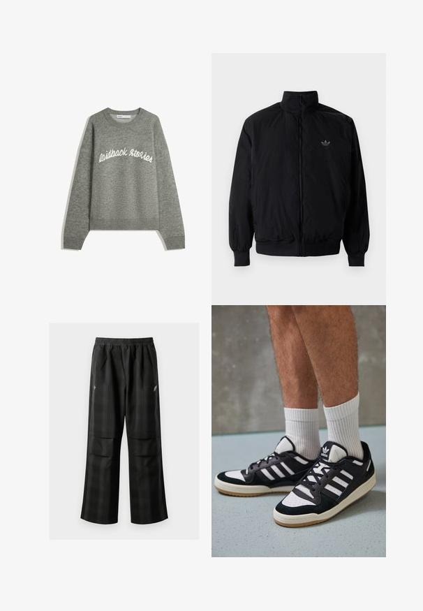 Zwarte geluiting jack met hoge kraag, gemaakt van lichtgewicht materiaal. Voorzien van elastische manchetten en tailleband, met een klein logo op de linkerbovenkant.; Grijze gebreide trui met een ronde hals, voorzien van witte geborduurde tekst "laidback stories" over de borst, geribde boorden en zoom.; Zwarte geruite broek met een elastische tailleband, twee voorzakken en een losse pasvorm met een rechte pijpdesign. Gemaakt van lichtgewicht materiaal.; Zwart-witte sneakers met een bovenwerk van suede en leer, voorzien van drie witte strepen, een geperforeerde neus en een rubberen gumzool.