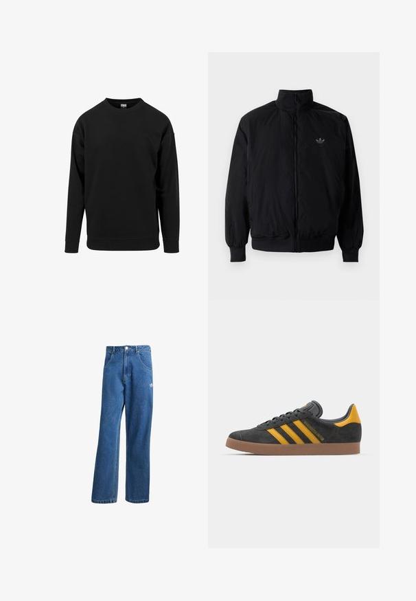 Black zipped jacket with high collar, made of lightweight material. Features elastic cuffs and waistband, with a small logo on the upper left.; Black sweatshirt made of soft fabric. Features a round neckline, long sleeves, and ribbed cuffs and hem. Simple, unembellished design.; Blue high-waist wide-leg denim jeans with front pockets, belt loops, button closure, and small Adidas logo on the right thigh.; Black suede sneaker with yellow accents, featuring three stripes and a brown rubber sole. Includes a padded tongue for comfort.