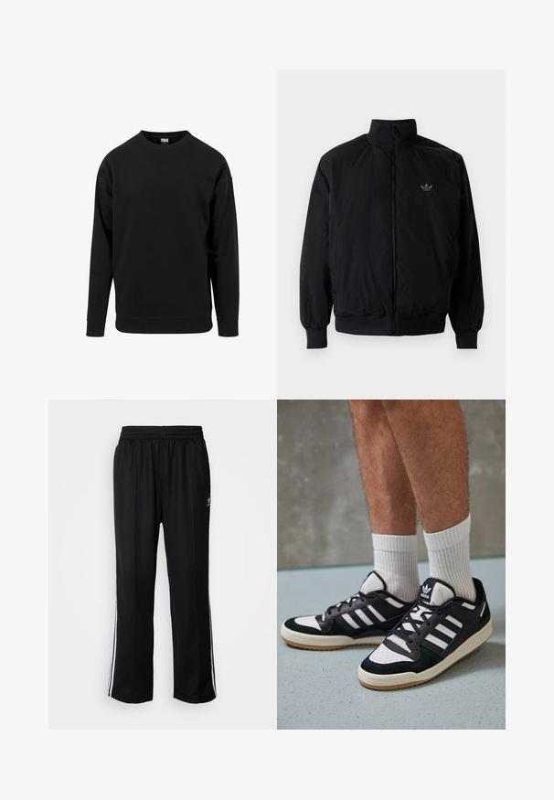 Čierna zips kombinéza s vysokým golierom, vyrobená z ľahkého materiálu. Obsahuje elastické manžety a pás, s malým logom na hornej ľavej strane.; Čierna mikina vyrobená z mäkkej tkaniny. Má okrúhly výstrih, dlhé rukávy a rebrované manžety a lem. Jednoduchý, bez ozdôb navrhnutý dizajn.; Čierne športové nohavice s elastickým pásom, s bielymi bočnými prúžkami a malým logom. Materiál vyzerá byť mäkký a ľahký.; Čierno-biele tenisky s vrchom z semišu a kože, s troma bielymi pruhmi, perforovanou špičkou a gumovou podrážkou.