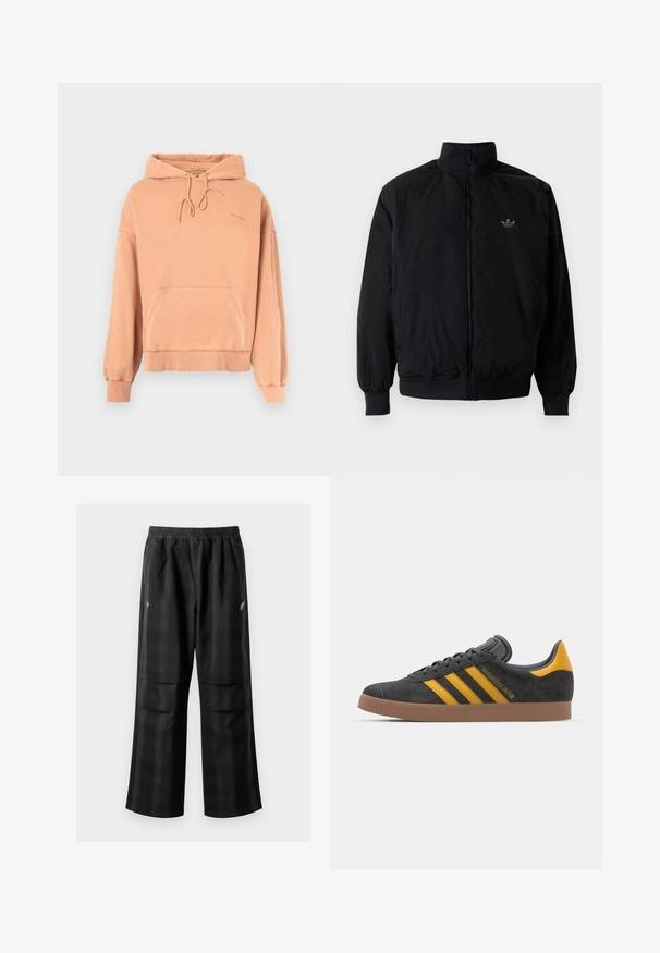 Schwarze Jacke mit Reißverschluss und hohem Kragen, aus leichtem Material gefertigt. Verfügt über elastische Bündchen und einen elastischen Saum, mit einem kleinen Logo oben links.; Pfirsichfarbener Hoodie mit einer Fronttasche, Kordelzugkapuze und gerippten Bündchen. Weicher Textur, lässiges Design, mit dezentem Logo-Detail.; Schwarze karierte Hosen mit elastischem Bund, zwei Fronttaschen und lockerer Passform im geraden Beinschnitt. Hergestellt aus leichtem Material.; Schwarze Wildledersneaker mit gelben Akzenten, ausgestattet mit drei Streifen und einer braunen Gummisohle. Enthält eine gepolsterte Zunge für zusätzlichen Komfort.