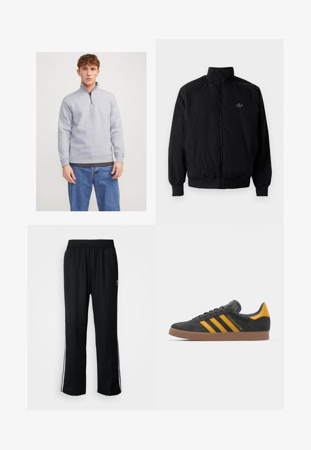 Giacca nera con zip e colletto alto, realizzata in materiale leggero. Presenta polsini e vita elastici, con un piccolo logo in alto a sinistra.; Felpa grigia con collo a mezza zip, realizzata in tessuto morbido. Presenta polsini e orlo a costine, indossata sopra una maglietta scura e jeans blu.; Pantaloni da allenamento neri con elastico in vita, dotati di bande laterali bianche e un piccolo logo. Il materiale sembra morbido e leggero.; Sneaker in suede nero con dettagli gialli, dotato di tre strisce e una suola in gomma marrone. Include una linguetta imbottita per il comfort.
