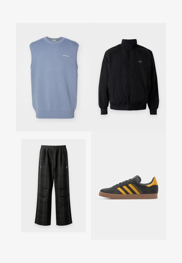 Zwarte geluiting jack met hoge kraag, gemaakt van lichtgewicht materiaal. Voorzien van elastische manchetten en tailleband, met een klein logo op de linkerbovenkant.; Carhartt WIP SCRIPT VEST - Trui - misty sky; Zwarte geruite broek met een elastische tailleband, twee voorzakken en een losse pasvorm met een rechte pijpdesign. Gemaakt van lichtgewicht materiaal.; Zwarte suède sneakers met gele accenten, voorzien van drie strepen en een bruine rubberen zool. Inclusief een gevoerde tong voor comfort.