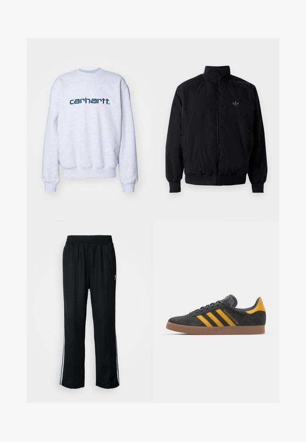 Black zipped jacket with high collar, made of lightweight material. Features elastic cuffs and waistband, with a small logo on the upper left.; Carhartt WIP Sweatshirt - ash heather/duck blue; Black athletic pants with an elastic waistband, featuring white side stripes and a small logo. Material appears soft and lightweight.; Black suede sneaker with yellow accents, featuring three stripes and a brown rubber sole. Includes a padded tongue for comfort.