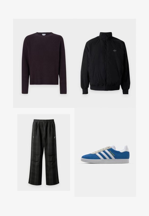Black zipped jacket with high collar, made of lightweight material. Features elastic cuffs and waistband, with a small logo on the upper left.; Dark purple ribbed knit sweater with a round neckline and long sleeves, featuring a loose fit and textured fabric.; Black plaid pants featuring an elastic waistband, two front pockets, and a loose fit with a straight leg design. Made from lightweight material.; adidas Originals ADIDAS GAZELLE SHOES - Indoor football boots - real madrid/bluebird/footwear white/crew yellow