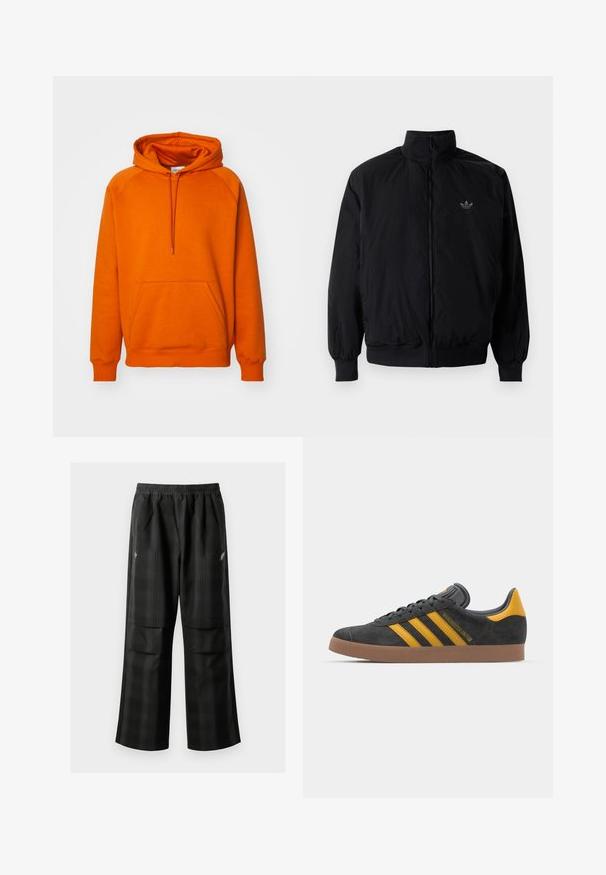 Schwarze Jacke mit Reißverschluss und hohem Kragen, aus leichtem Material gefertigt. Verfügt über elastische Bündchen und einen elastischen Saum, mit einem kleinen Logo oben links.; Orange Kapuzenpullover mit einer frontalen Kängurutasche, Zugkordel und gerippten Bündchen. Gefertigt aus weichem Stoff mit glatter Textur.; Schwarze karierte Hosen mit elastischem Bund, zwei Fronttaschen und lockerer Passform im geraden Beinschnitt. Hergestellt aus leichtem Material.; Schwarze Wildledersneaker mit gelben Akzenten, ausgestattet mit drei Streifen und einer braunen Gummisohle. Enthält eine gepolsterte Zunge für zusätzlichen Komfort.