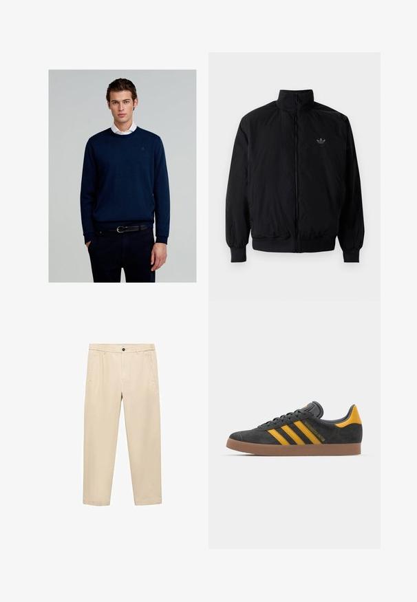 Veste noire à fermeture éclair avec col haut, fabriquée en matériau léger. Dotée de poignets et d'une taille élastiques, avec un petit logo en haut à gauche.; Pull bleu marine en tissu tricoté, avec un col rond, des manches longues et un logo discret sur la poitrine, associé à un pantalon sombre et une ceinture.; Pantalons beige décontractés en tissu doux ; dotés d'une taille élastique, de poches avant et d'une coupe droite.; Baskets en suede noir avec des accents jaunes, présentant trois rayures et une semelle en caoutchouc marron. Comprend une languette rembourrée pour le confort.